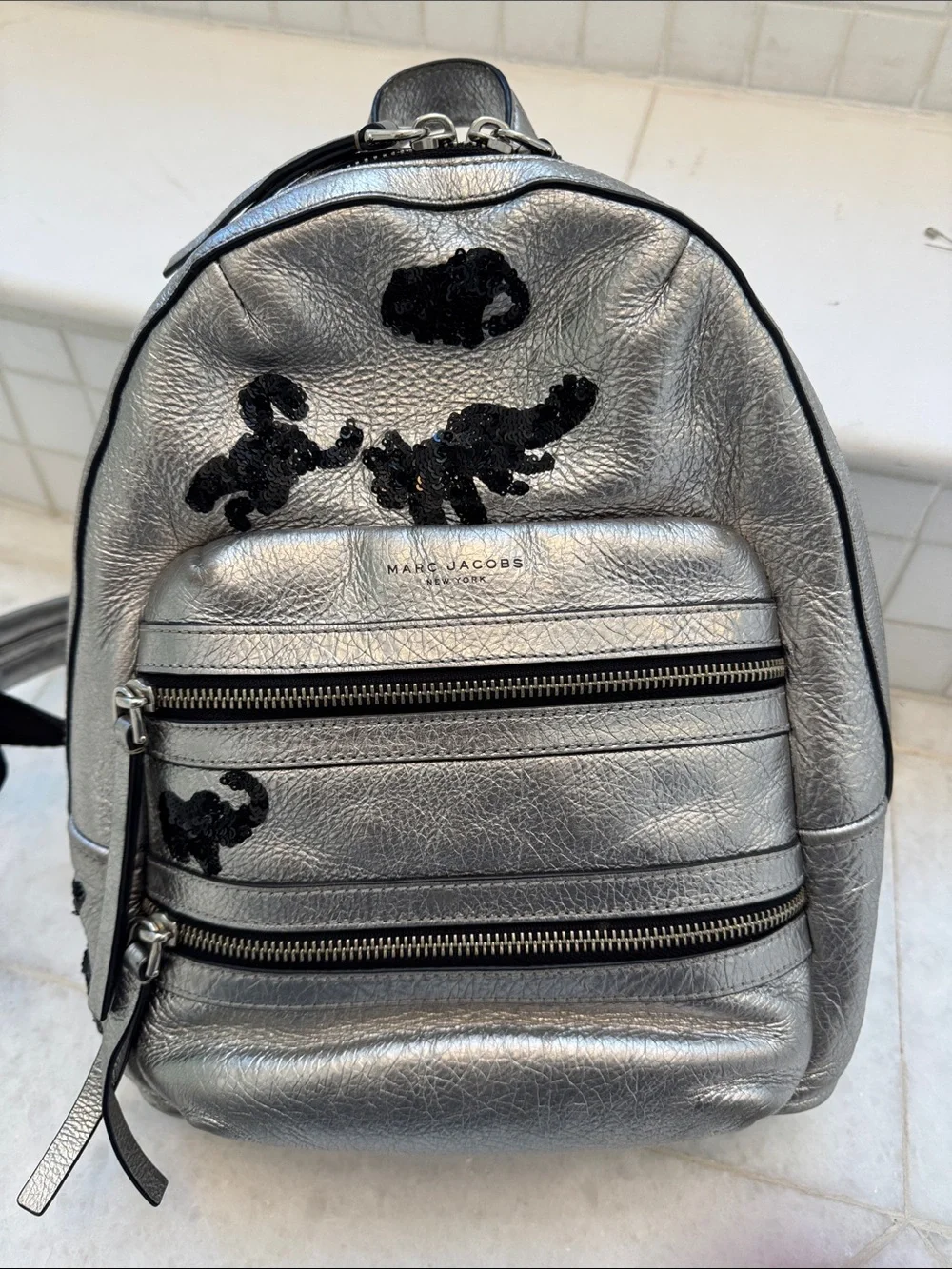 Marc Jacobs Silver Metallic Mini Backpack with Black Embellishment